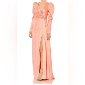 Mac Duggal 12404 Peach Satin Puff Sleeve Evening Gown Size 2 | Holiday Party